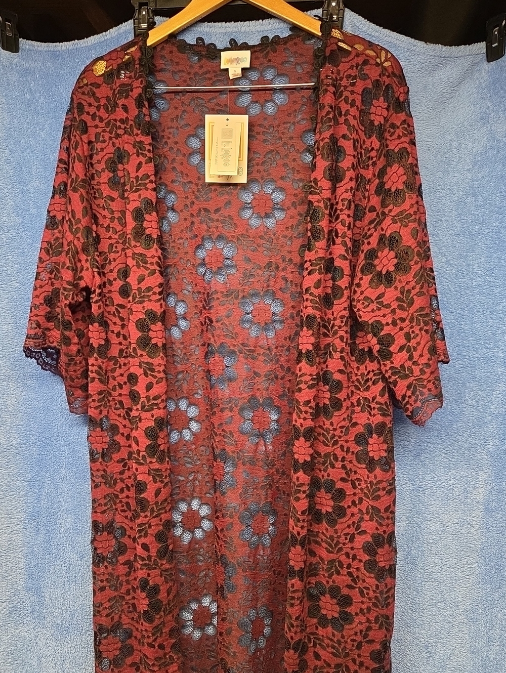 LuLaRoe Burgundy Lace Top with Blue Floral Overlay